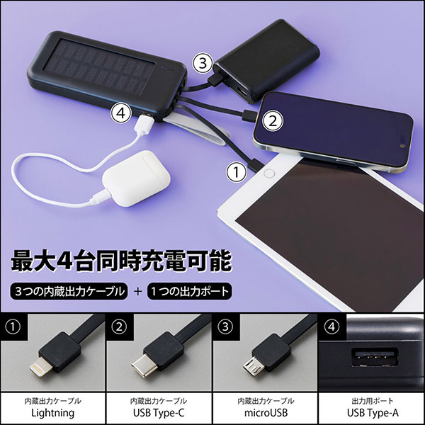 ソーラーモバイルバッテリー（3in1ケーブル付） 10000mAh
