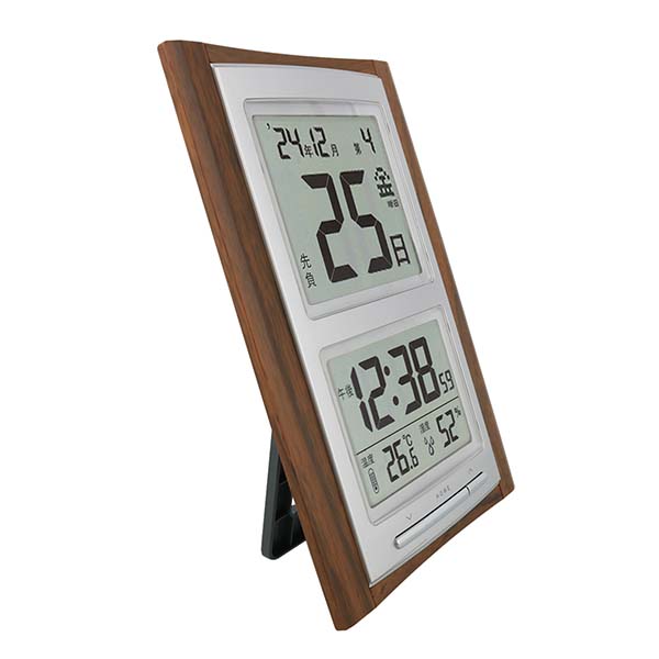 木目調 デジタル日めくり電波時計 温湿度表示付