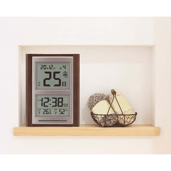 木目調 デジタル日めくり電波時計 温湿度表示付