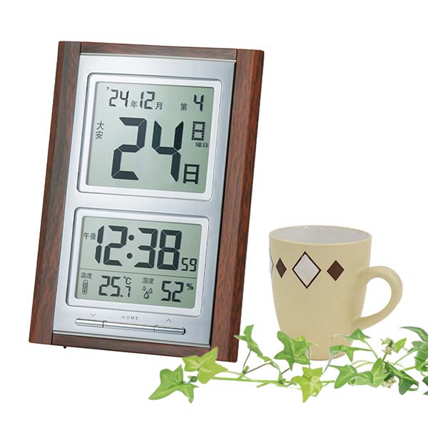 木目調 デジタル日めくり電波時計 温湿度表示付