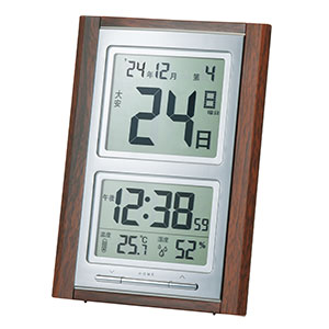 木目調 デジタル日めくり電波時計 温湿度表示付